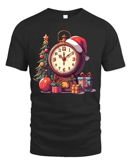 Vintage Christmas Clock Tree Gifts Festive Holiday Graphic Tee - black t-shirt on white background