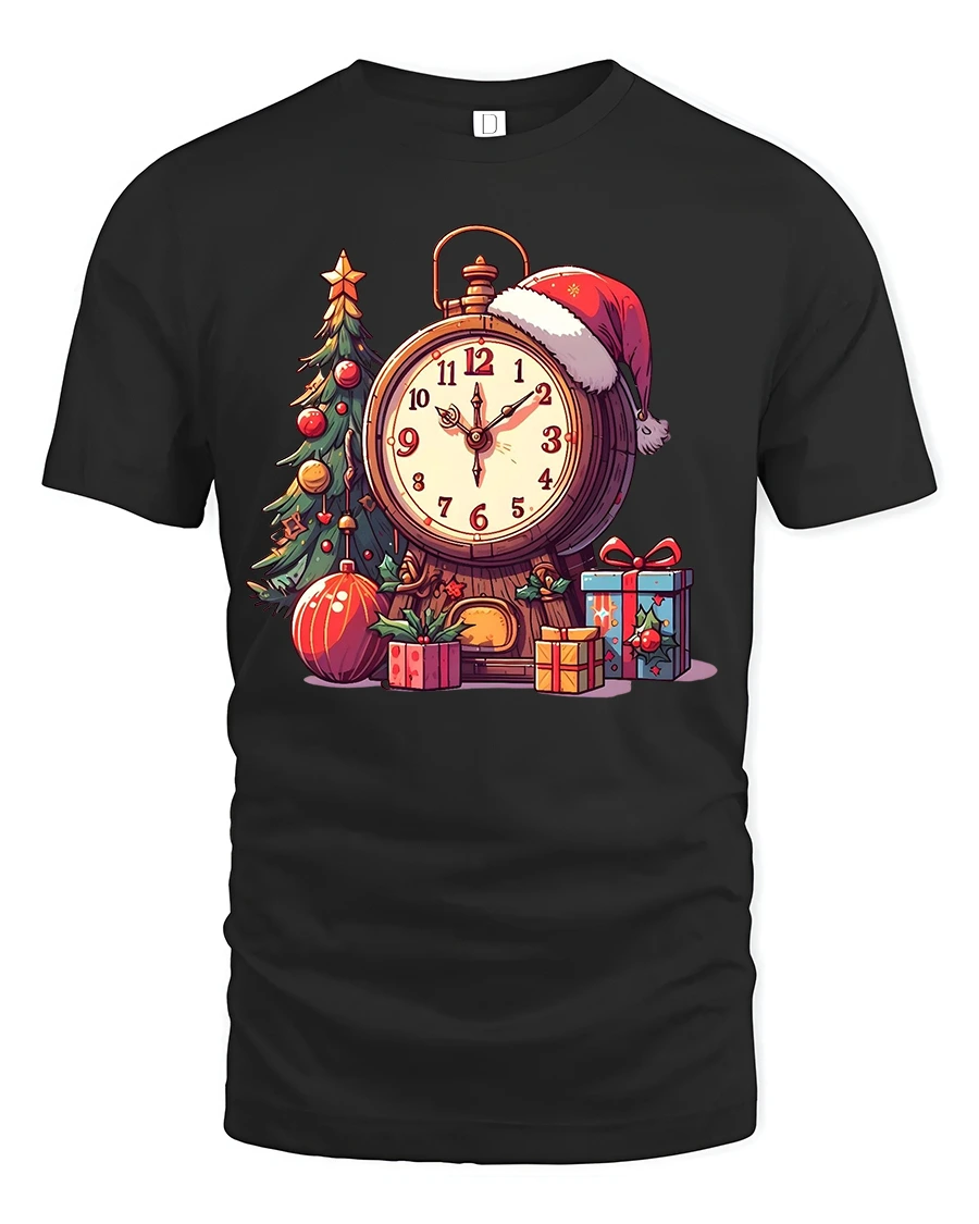 Vintage Christmas Clock Tree Gifts Festive Holiday Graphic Tee - 1 Vintage Christmas Clock Tree Gifts Festive Holiday Graphic Tee - black t-shirt on white background