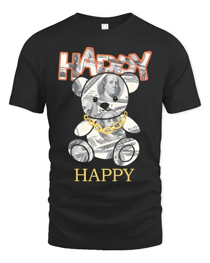 Money Bear Happy Mood Cash Graphic Tee for Fun Street Style - black t-shirt on white background