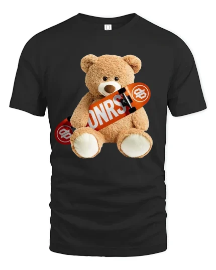 Skater Teddy Bear Cute Skateboard Street Style Graphic Tee - black t-shirt on white background