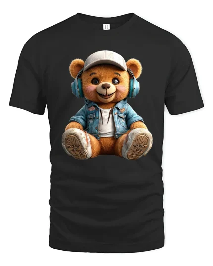Cool Headphones Teddy Bear Cute Street Style Graphic Tee - black t-shirt on white background