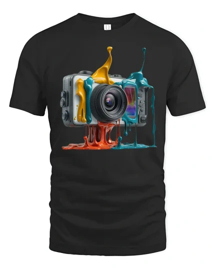 Color Splash Camera Art Tee for Creative Photographers - black t-shirt on white background