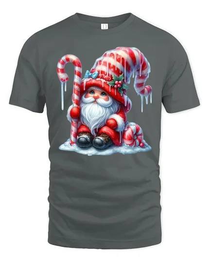 Cute Candy Cane Gnome Christmas Winter Holiday Graphic Tee - gray t-shirt on white background