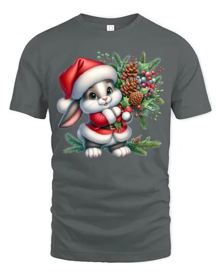 Cute Christmas Bunny Santa Tee with Holiday Bouquet Art - gray t-shirt on white background