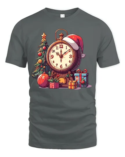 Vintage Christmas Clock Tree Gifts Festive Holiday Graphic Tee - gray t-shirt on white background