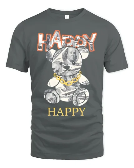 Money Bear Happy Mood Cash Graphic Tee for Fun Street Style - gray t-shirt on white background