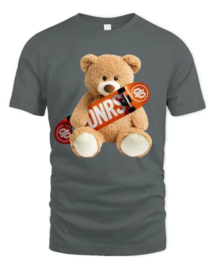Skater Teddy Bear Cute Skateboard Street Style Graphic Tee - gray t-shirt on white background