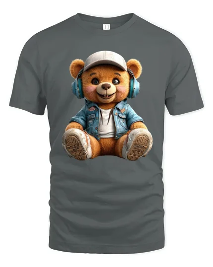 Cool Headphones Teddy Bear Cute Street Style Graphic Tee - gray t-shirt on white background