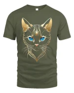Elegant Golden Cat Blue Eyes Tribal Style Graphic Tee - military green t-shirt on white background