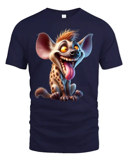 Crazy Happy Hyena Cartoon Tee Funny Animal Character Tshirt - navy t-shirt on white background