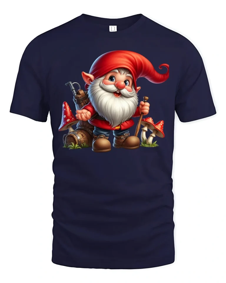 Adorable Garden Gnome Tee Cute Fantasy Mushroom Explorer Tshirt - navy t-shirt on white background