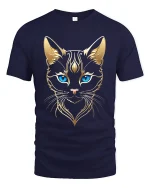 Elegant Golden Cat Blue Eyes Tribal Style Graphic Tee - navy t-shirt on white background