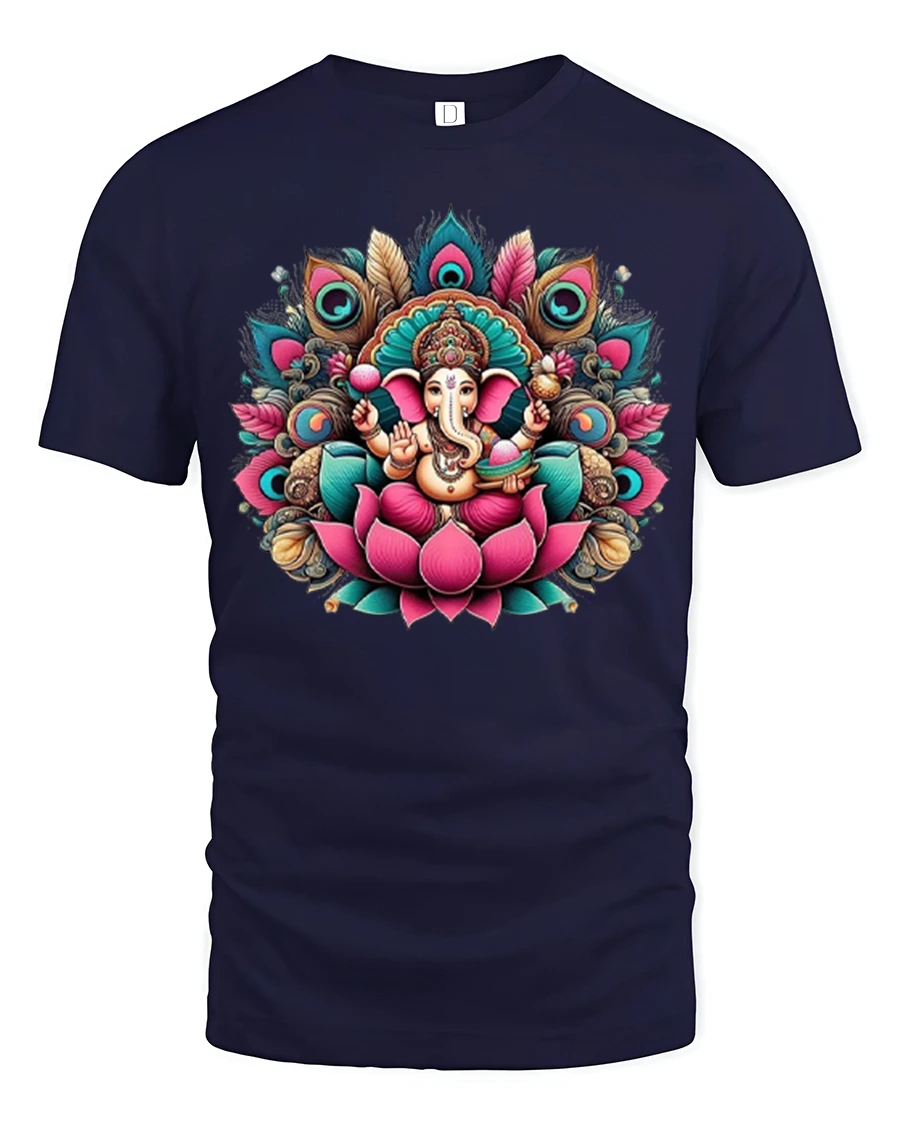 Sacred Ganesha Lotus Tee Vibrant Spiritual Art Tshirt - 1 Sacred Ganesha Lotus Tee Vibrant Spiritual Art Tshirt - navy t-shirt on white background