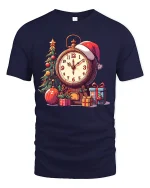 Vintage Christmas Clock Tree Gifts Festive Holiday Graphic Tee - navy t-shirt on white background