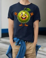 Happy Spiky Fruit Cartoon Tee Cute Funny Character T-Shirt - model wearing navy tee with hands in pockets