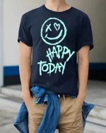 Happy Today Smiley Tee Positive Vibes Graphic Tshirt - model wearing navy tee with hands in pockets