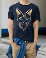 Elegant Golden Cat Blue Eyes Tribal Style Graphic Tee - model wearing navy tee with hands in pockets