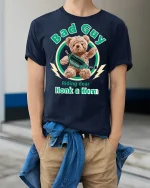 Bad Guy Teddy Honk a Horn Funny Graphic Tee for Cool Style - model wearing navy tee with hands in pockets