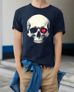 Bleeding Heart Skull Tee Dark Love Graphic Tshirt - model wearing navy tee with hands in pockets