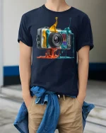 Color Splash Camera Art Tee for Creative Photographers - model wearing navy tee with hands in pockets