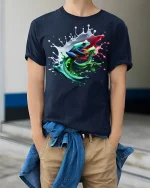 Color Splash Frog Art Tee for Nature Lovers - model wearing navy tee with hands in pockets