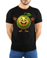 Happy Spiky Fruit Cartoon Tee Cute Funny Character T-Shirt - model wearing black tee with hands behind back