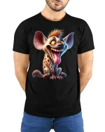 Crazy Happy Hyena Cartoon Tee Funny Animal Character Tshirt - model wearing black tee with hands behind back
