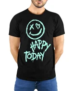 Happy Today Smiley Tee Positive Vibes Graphic Tshirt - model wearing black tee with hands behind back