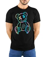 Neon Drip Bear Tee Glow Outline Trendy Street Art Graphic Tshirt - model wearing black tee with hands behind back