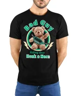 Bad Guy Teddy Honk a Horn Funny Graphic Tee for Cool Style - model wearing black tee with hands behind back
