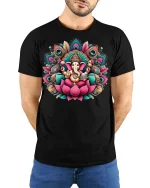 Sacred Ganesha Lotus Tee Vibrant Spiritual Art Tshirt - model wearing black tee with hands behind back