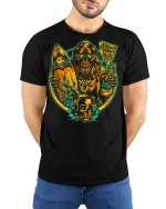 Neon Reaper Surf Tee Vintage Skull Beach Vibe Tshirt - model wearing black tee with hands behind back