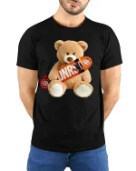 Skater Teddy Bear Cute Skateboard Street Style Graphic Tee - model wearing black tee with hands behind back