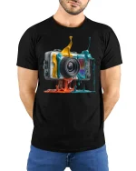 Color Splash Camera Art Tee for Creative Photographers - model wearing black tee with hands behind back