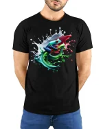 Color Splash Frog Art Tee for Nature Lovers - model wearing black tee with hands behind back