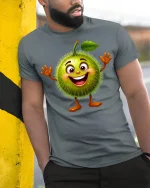 Happy Spiky Fruit Cartoon Tee Cute Funny Character T-Shirt - model wearing grey tee, leaning on column