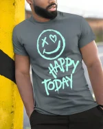 Happy Today Smiley Tee Positive Vibes Graphic Tshirt - model wearing grey tee, leaning on column