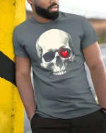 Bleeding Heart Skull Tee Dark Love Graphic Tshirt - model wearing grey tee, leaning on column
