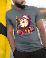 Vintage Christmas Clock Tree Gifts Festive Holiday Graphic Tee - model wearing grey tee, leaning on column
