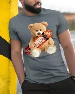Skater Teddy Bear Cute Skateboard Street Style Graphic Tee - model wearing grey tee, leaning on column