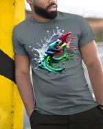 Color Splash Frog Art Tee for Nature Lovers - model wearing grey tee, leaning on column