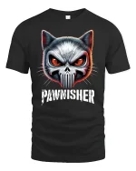The Pawnisher Cat Skull Graphic Tee for Rebels - black t-shirt on white background