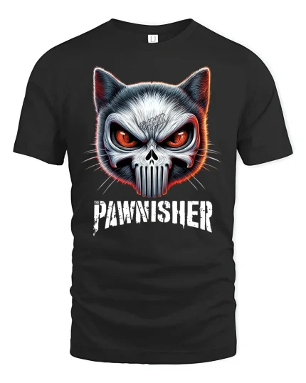 The Pawnisher Cat Skull Graphic Tee for Rebels - black t-shirt on white background