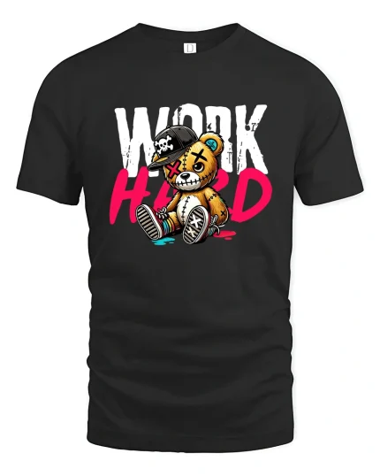 Work Hard Bear Graphic Tee for Hustle Lovers - black t-shirt on white background