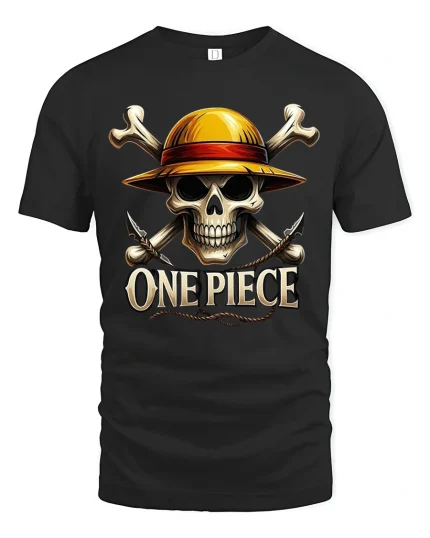 Pirate Skull Straw Hat Graphic Tee for Adventurers - black t-shirt on white background