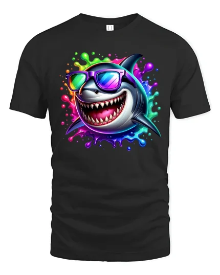 Cool Shark Graphic Tee with Neon Splash Vibes - black t-shirt on white background