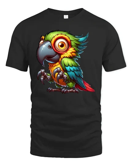 Colorful Parrot Graphic Tee for Tropical Vibes - black t-shirt on white background