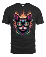 Neon Fire Cat Graphic Tee for Cool Cat Lovers - black t-shirt on white background