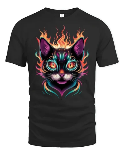 Neon Fire Cat Graphic Tee for Cool Cat Lovers - black t-shirt on white background
