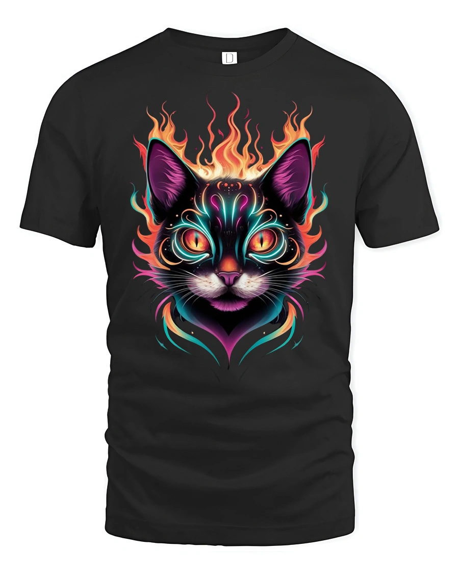 Neon Fire Cat Graphic Tee for Cool Cat Lovers - 1 Neon Fire Cat Graphic Tee for Cool Cat Lovers - black t-shirt on white background